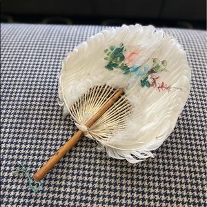 Art Deco painted feather hand fan